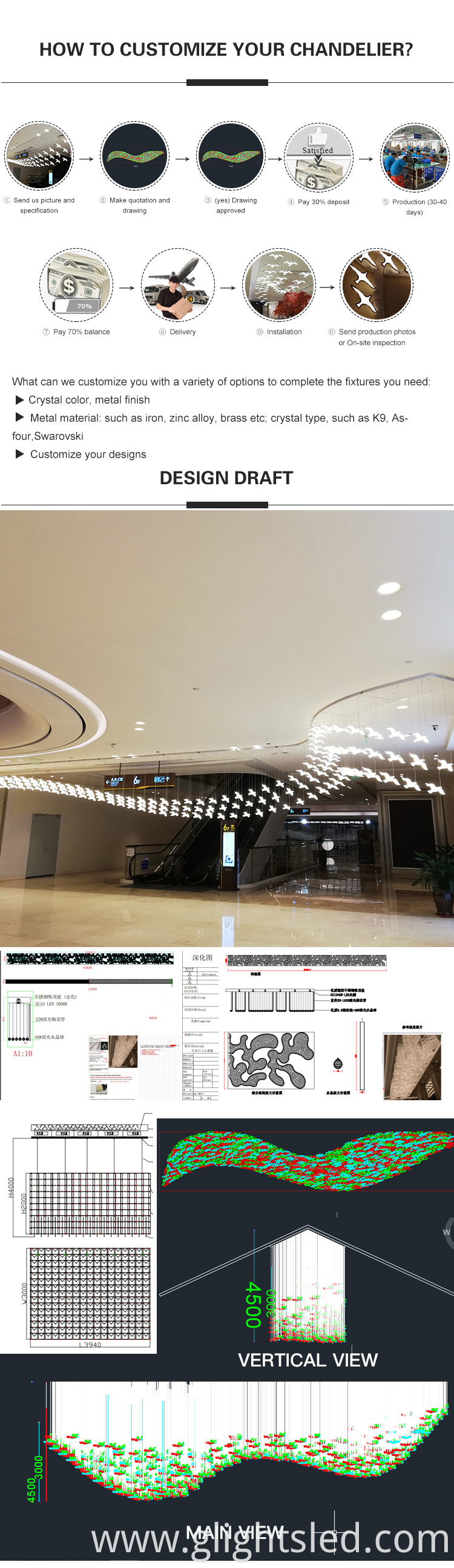 New creative indoor decoration glass bird shape hotel led chandelier pendant light